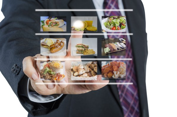 Businessman push virtual button screen in restaurant,isolated on white background